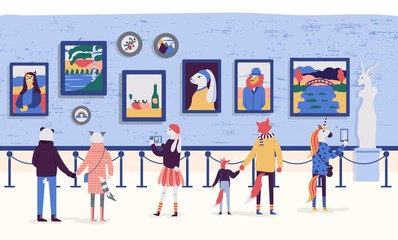 People enjoying artworks in flat cartoon style. Visitors of classic art gallery vector illustration. Museum viewing exhibits colorful concept. Tourists looking at paintings at exhibition.