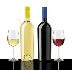 red and white wine bottles and glasses on black table, white background