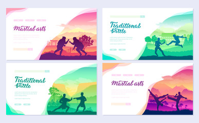 Representatives of traditional fighters from all over the world  brochure cards set. Fighting style battle nature template of  flyear, web banner, ui header, enter site. Layout modern slider page