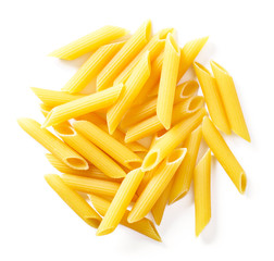 Delicious pasta or penne noodles, isolated on white background. Top view scene, healthy eating or healthy lifestyle. Penne pasta or macaroni, italian cuisine.
