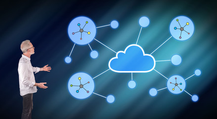 A cloud networking explained by a businessman on a wall screen