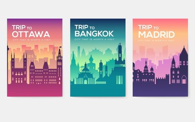 Travel information cards. Landscape template of flyear, magazines, posters, book cover, banners. Country of Chile, Canada, Thailand, Spain, Malaysia, Africa, Asia, Poland, UAE and Jerusalem set