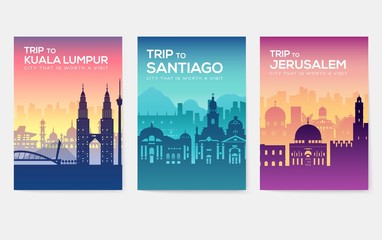 Naklejka premium Travel information cards. Landscape template of flyear, magazines, posters, book cover, banners. Country of Chile, Canada, Thailand, Spain, Malaysia, Africa, Asia, Poland, UAE and Jerusalem set