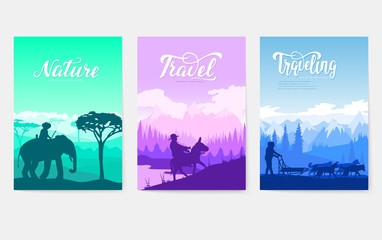 Different riders of the world vector brochure cards set. Colorful landscape template of flyer, magazines, poster, book cover, banners. invitation concept background. Layout illustration modern page