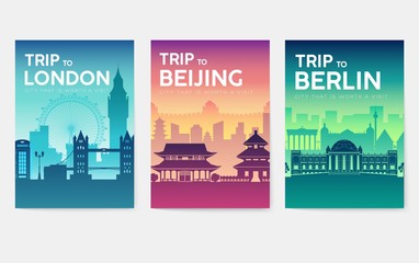 Travel information cards. Landscape template of flyer, magazines, posters, book cover, banners. Country of UK, China, Germany set