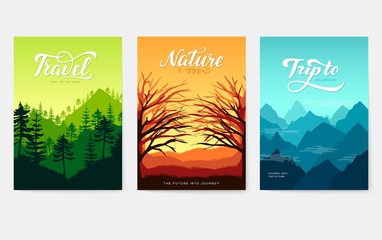 Nature vector brochure cards set. Ecology template of flyer, magazines, poster, book cover, banners. Outdoor invitation concept background. Layout illustration modern page background.