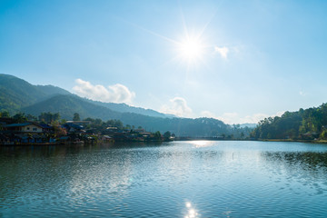Fototapeta premium Ban Rak Thai Village near mountain and the lake in Mae Hong Son, Thailand.