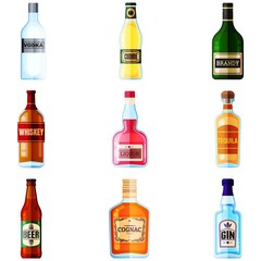 Big Set of Different Bottles of Alcohol Drinks. Vodka, Cidre, Brandy, Whiskey, Liquor, Tequila, Beer, Brandy, Gin.