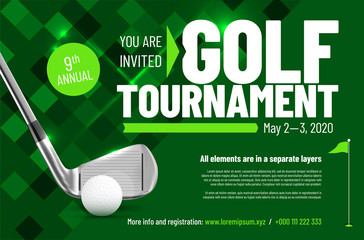 Template for your golf tournament invitation with sample text - obrazy, fototapety, plakaty