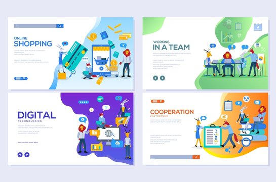 Templates design for online shopping, analytics, digital marketing, teamwork and business strategy. Mobile website development vector illustration concepts. Modern set of web