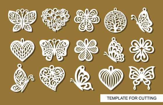 Set of decorative pendants. Decor in shape openwork butterflies, clover leaves, round tree of life and lace hearts. Template for laser cutting, wood carving, paper cut or printing.