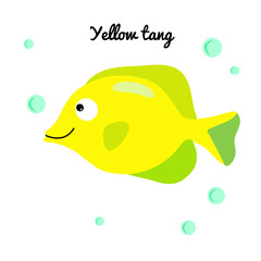 Yellow tang Cartoon aquarium fish with water bubbles. character smiling happily of sea animal Print for clothes, baby shower decoration. Marine stickers isolated on white background