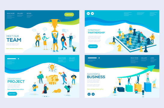 Website and mobile website development illustration concepts. Set of web page design templates for our team, meeting and brainstorming, business success, strategic partnership, crowdfunding. Modern