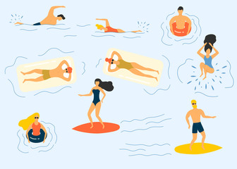 Summer people in bikini at the swimming pool or sea chilling, sunbathing, diving and surfing. Water sport vector illustration.