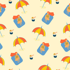 Summer seamless pattern of sunbathing girl with cocktail under beach umbrella. Vector illustration of woman with parasol on the sand. 