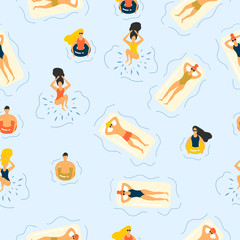 Seamless pattern with summer people in bikini at the swimming pool or sea chilling, sunbathing and diving. Water chill out  vector illustration.
