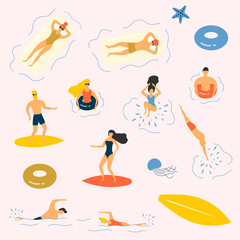 Summer people in bikini at the sea chilling, sunbathing and surfing. Water relaxing vector illustration.