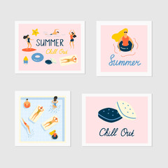 Set of cute summer greeting cards. Surfing, chilling people. Party invitation with swimming pool. Beach banner templates. 
