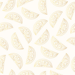 Cute summer lemon seamless pattern with golden juicy fruits. Party gold texture. Vector background.