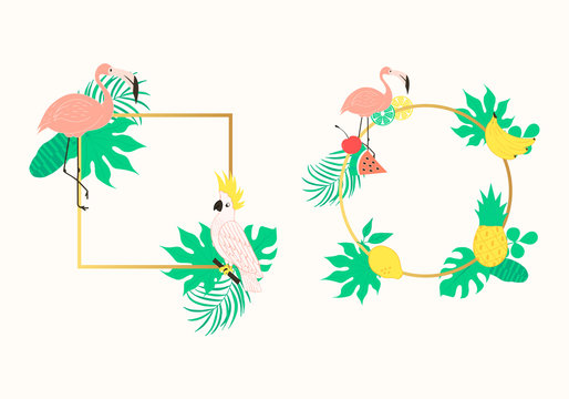 Cute hello summer fruit square and round frame set with palm tropical leaves, flamingo, pineapple, parrot. Beach party border. Vector elements.