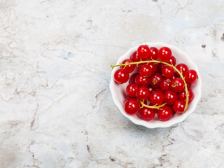 ripe red currant in a bowl top view with copy space on marble background