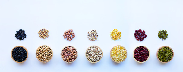 Mixed beans, Different legumes isolated on white background.