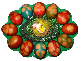 Easter decoration - colorful eggs on green plate isolated white background