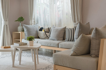 modern living room with wooden sofa