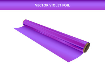 Vector illustration of open roll of plastic violet or purple foil. Packaging material, decorative, wrapping or adhesive foil, hot stamping foil or other foil. Icon is isolated on a white background.