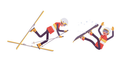 Sporty man falling off in bad technique on ski resort. Guy in wrong skiing and snowboarding, active holiday, wintertime tourism. Vector flat style cartoon illustration isolated on white background