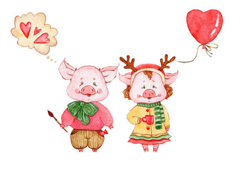 Watercolor cute pigs characters. Cartoon little piggy illustrations perfect for card making, birthday invitations and baby nursery design.