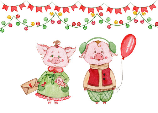 Watercolor cute pigs characters. Cartoon little piggy illustrations perfect for card making, birthday invitations and baby nursery design.