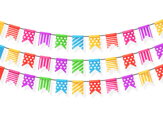 Obraz premium Banner with garland of colour festival flags and ribbons, bunting isolated on white background. Decoration, symbols for celebrate happy birthday party, carnaval, fair. Vector flat design
