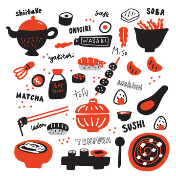 Set of Hand drawn japanese food and its names. Doodles. typography. Made in vector.