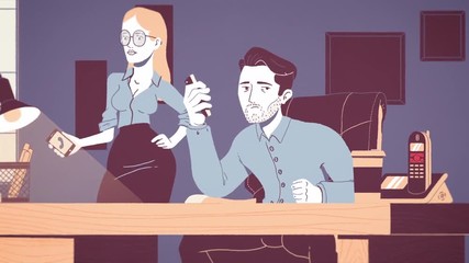 Animation of a tired and stressed businessman working at a workplace in office. Animated cartoon of a young exhausted worker under pressure with ringing phones and a secretary nearby.