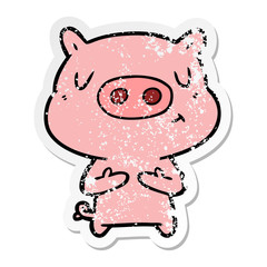 distressed sticker of a cartoon content pig