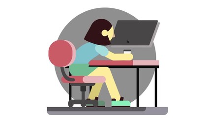 Cartoon animation of an angry woman sitting at a computer, slams fist on table and drinks coffee. Stressed manager girl drawn schematically fails her work and becomes nervous.