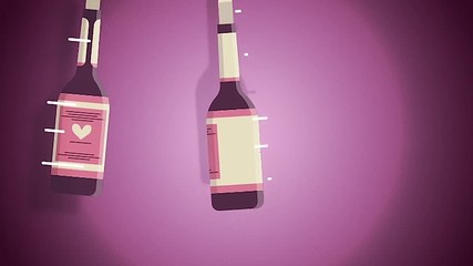 Cartoon animation of the funny champagne bottles thrown up in the air rotating on rose background, Saint Valentines day concept. Three wine bottles with hearts on lables spinning in the air.
