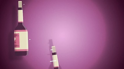Cartoon animation of the funny champagne bottles thrown up in the air rotating on rose background, Saint Valentines day concept. Three wine bottles with hearts on lables spinning in the air.