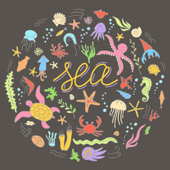 Set with hand drawn sea inhabitants elements. Vector doodle cartoon set of marine life objects for your design.