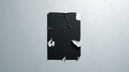 Blank black wheatpaste adhesive torn poster mockup white textured wall, 3d rendering. Empty...