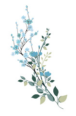 Branch with blue flowers and leaves. Vector illustration