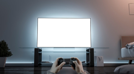 Playing videogame with joystick near blank white tv screen mockup, 3d rendering. Empty televisor...