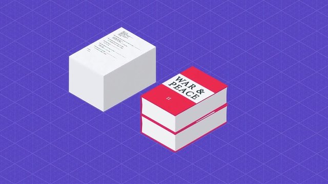 Visual comparison of the information amount in machine code and book volumes. Printing out the code of a programme takes as many sheets of paper as two books War and peace.