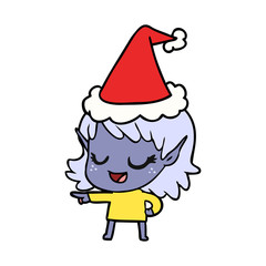 happy line drawing of a elf girl pointing wearing santa hat