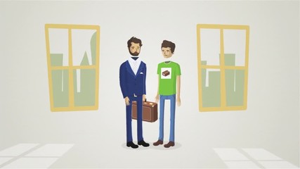 Cartoon animation of the men shaking hands in the apartment in front of windows, making a deal concept. Handshaking between businessman with suitcase and teenager.