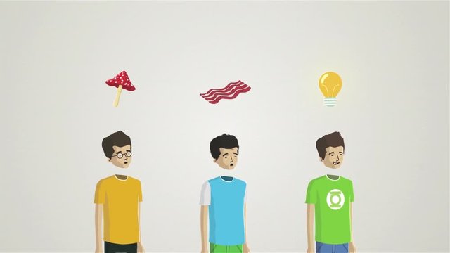 Cartoon animation with three young men and objects above their heads isolated on white background. Fly agaric, a strip of bacon and a light bulb above the heads of three abstract boys.