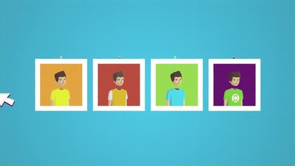Cartoon animation with computer programme in process of copying man face and pasting it to other bodies on blue background. Modern editing application, visual presentation.