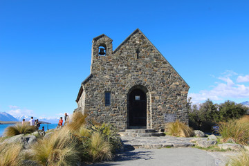 Fototapeta na wymiar The Church of the Good Shepherd in Lake Tekapo, South Island, New Zealand
