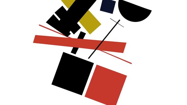 Suprematism geometric shapes moving and rotating on white background. Combination of different geometrical figures moving and spinning, abstract art concept.